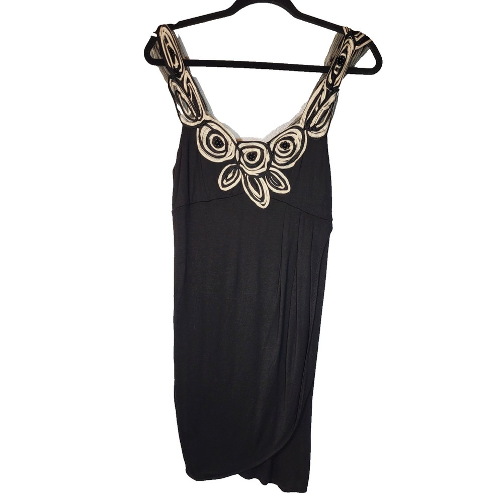 Chelsea & Violet Black Faux Wrap Babydoll Rayon Dress Ribbon/Beads Medium Y2K